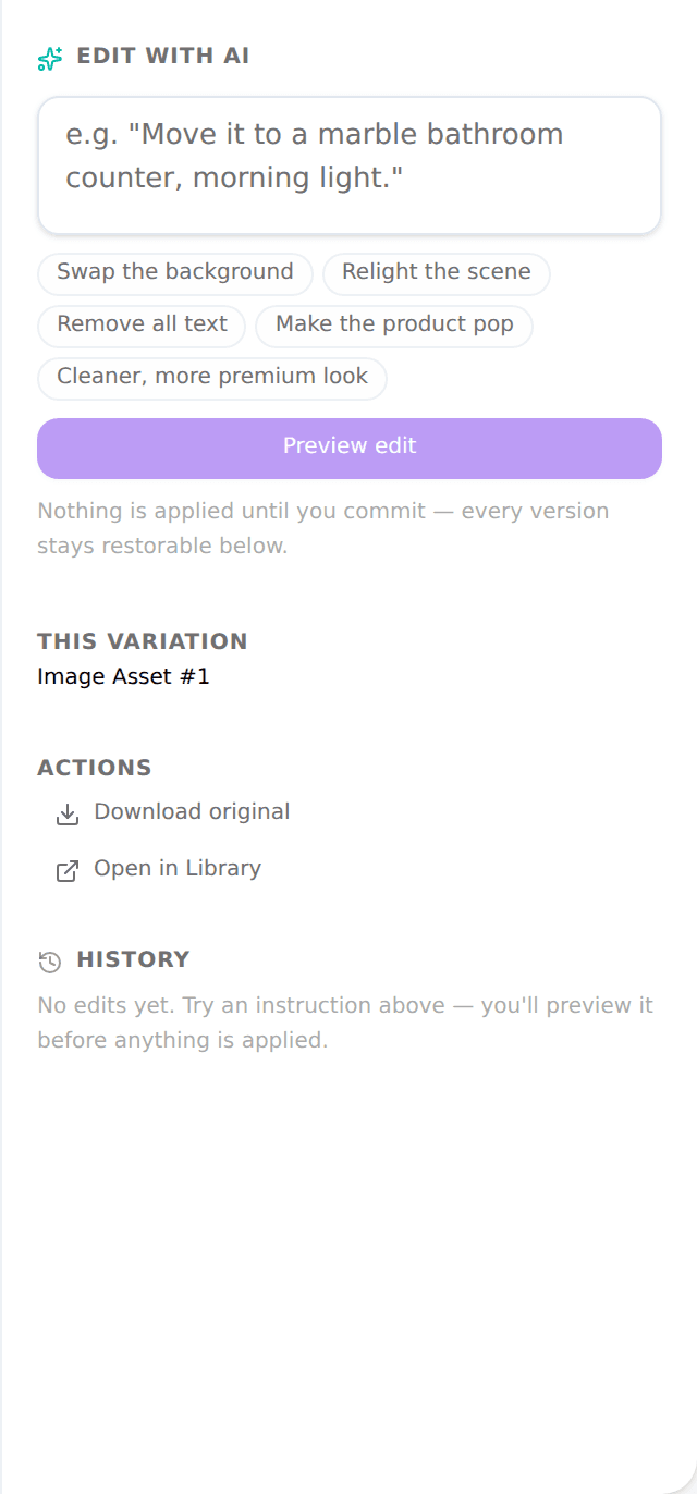 The Edit with AI rail: an instruction box, quick actions, and version history