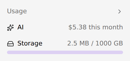 The sidebar Usage widget showing this month's AI spend and storage used out of the plan quota
