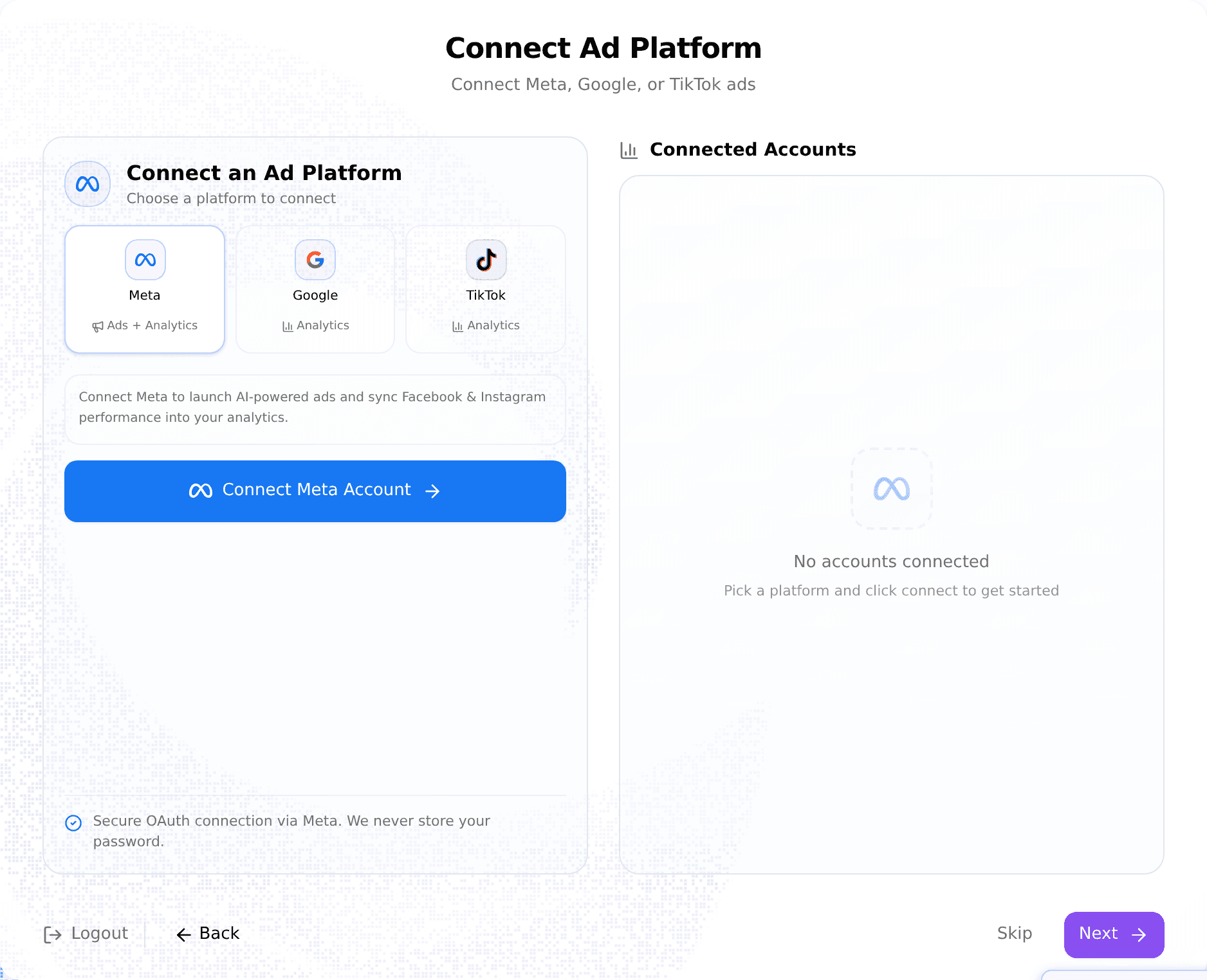 Connect Ad Platform step with the Meta, Google, and TikTok options