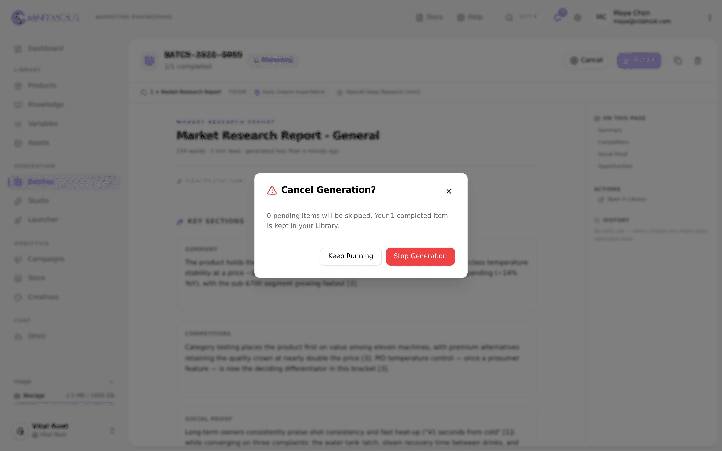The Cancel dialog, spelling out exactly what stops and what is kept