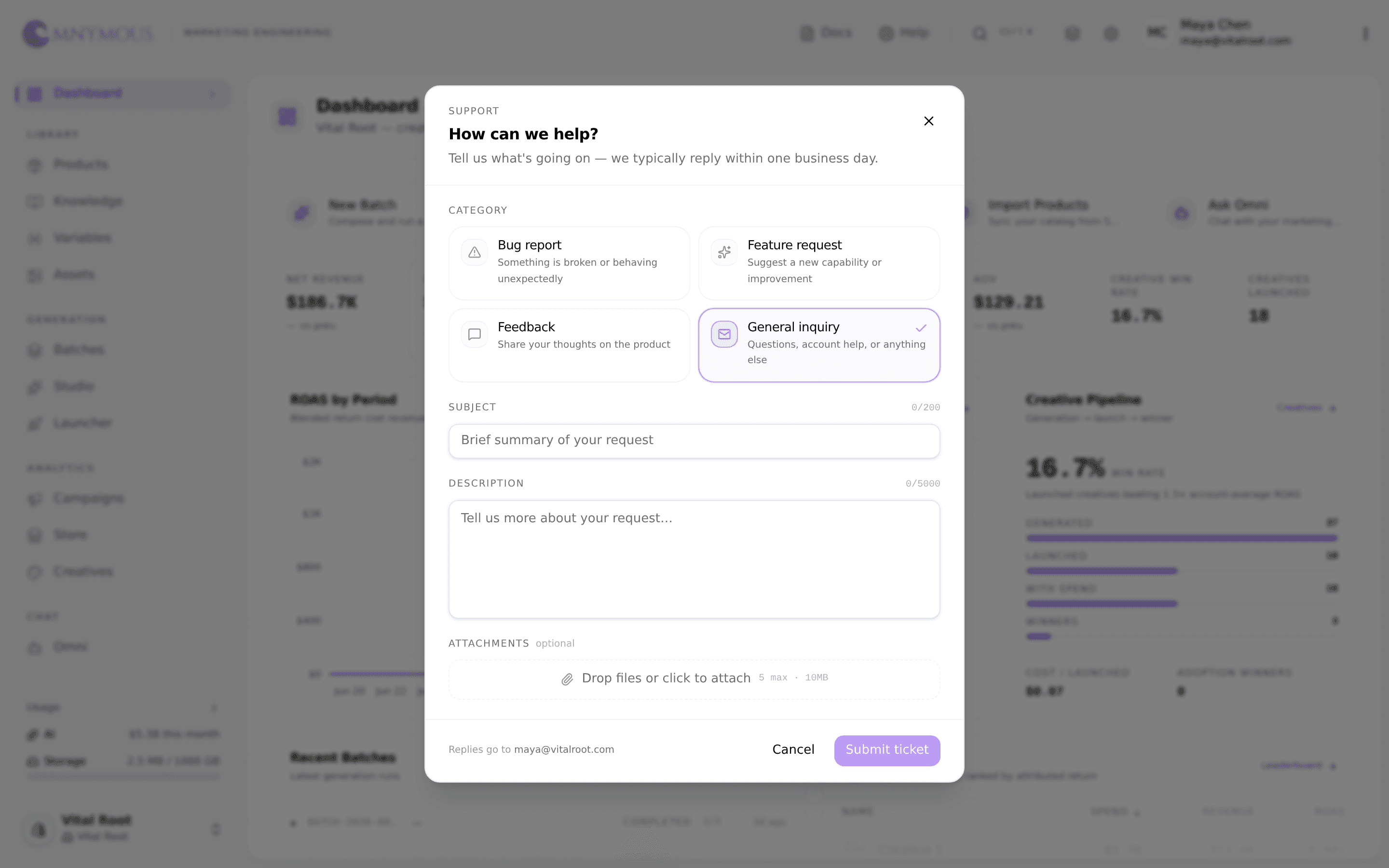 The Help dialog titled "How can we help?" with request categories and a message form