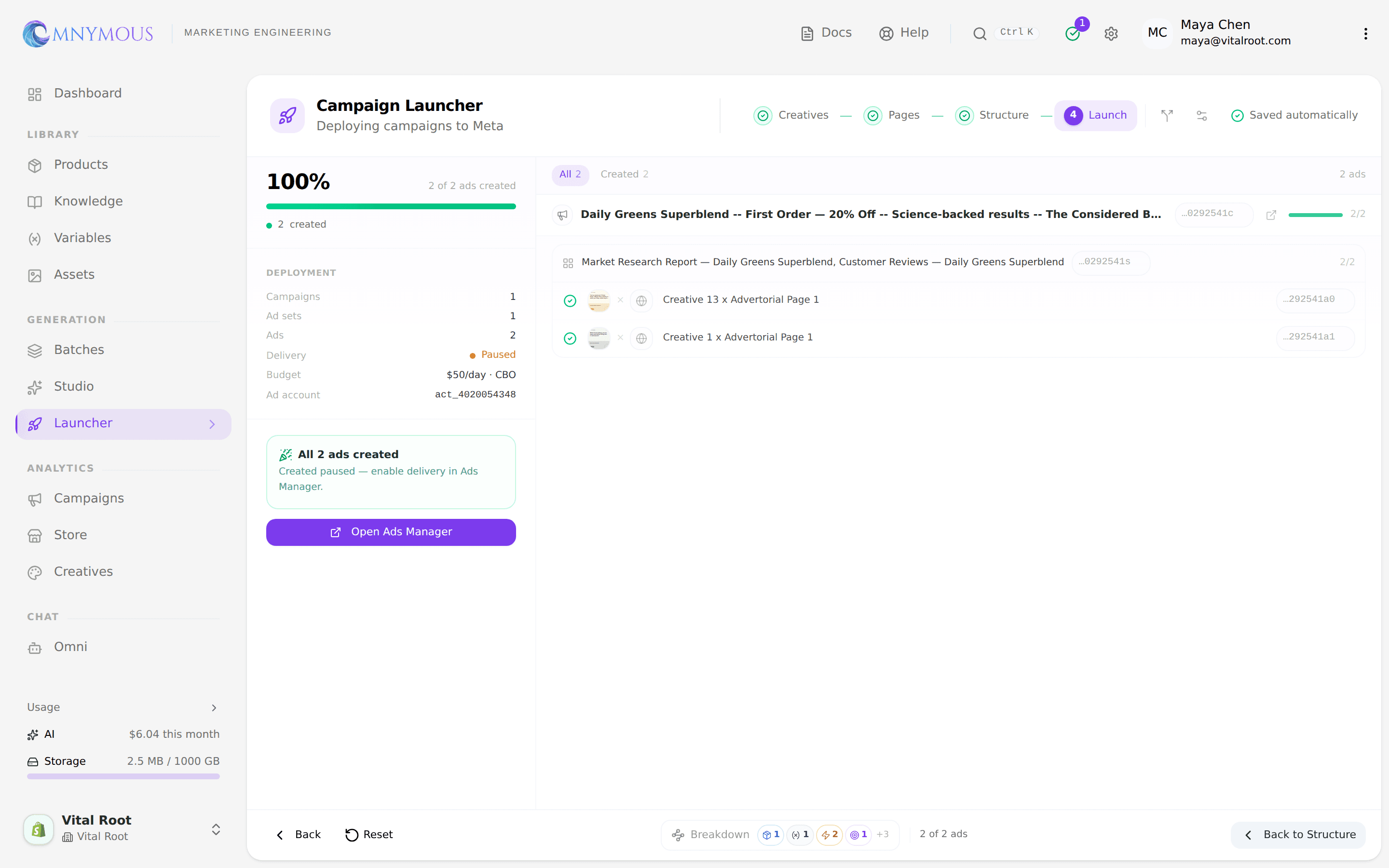The launch board with both ads created and the Open Ads Manager button