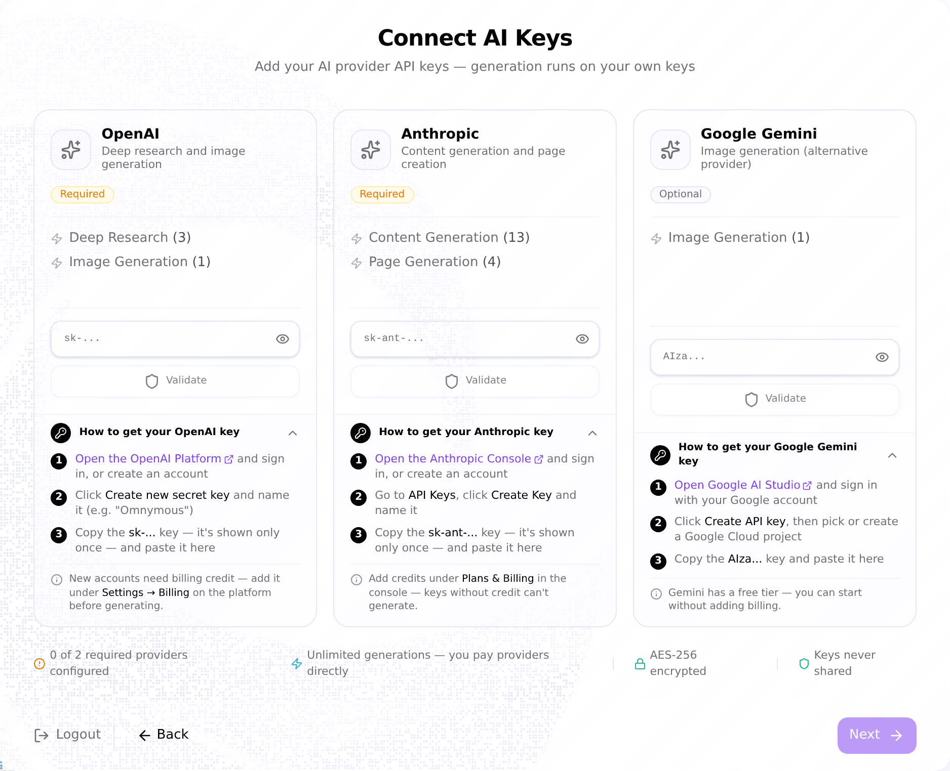 Connect AI Keys step with OpenAI, Anthropic, and Google Gemini cards, each with a how-to guide