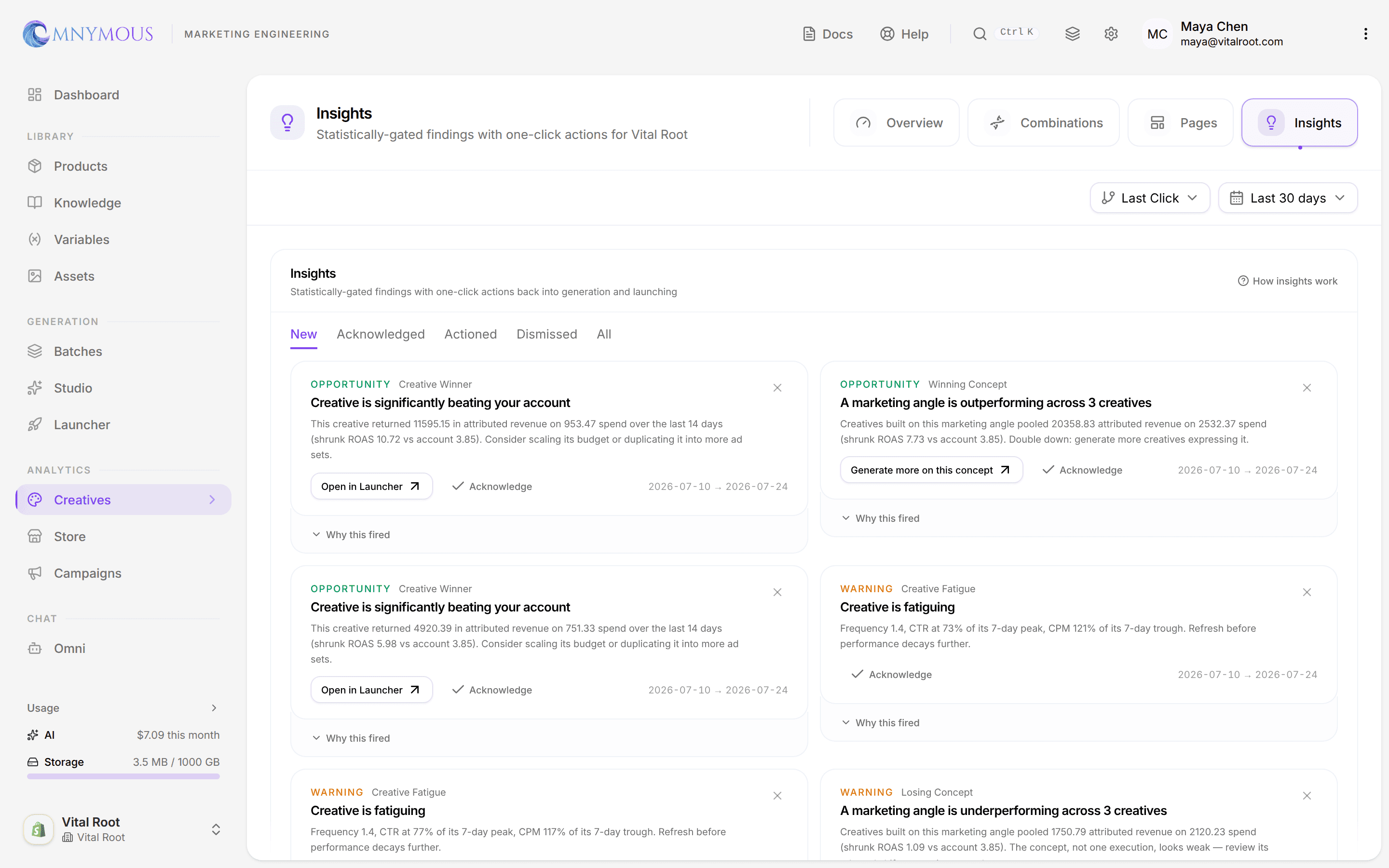 The Insights feed: findings like Creative Winner and Budget Shift, each with a severity, an action button and a Why this fired section