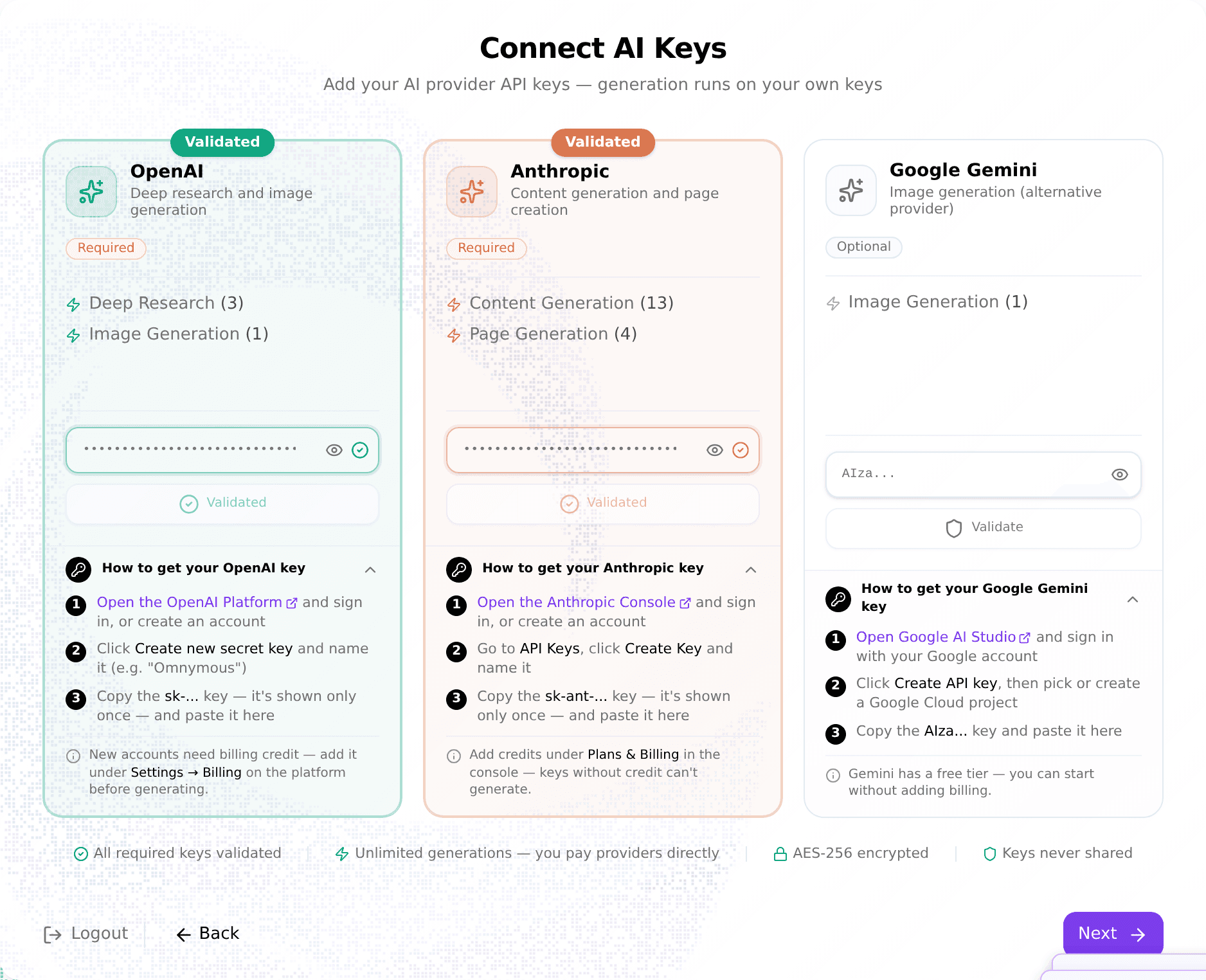 Connect AI Keys step with both required keys marked Validated