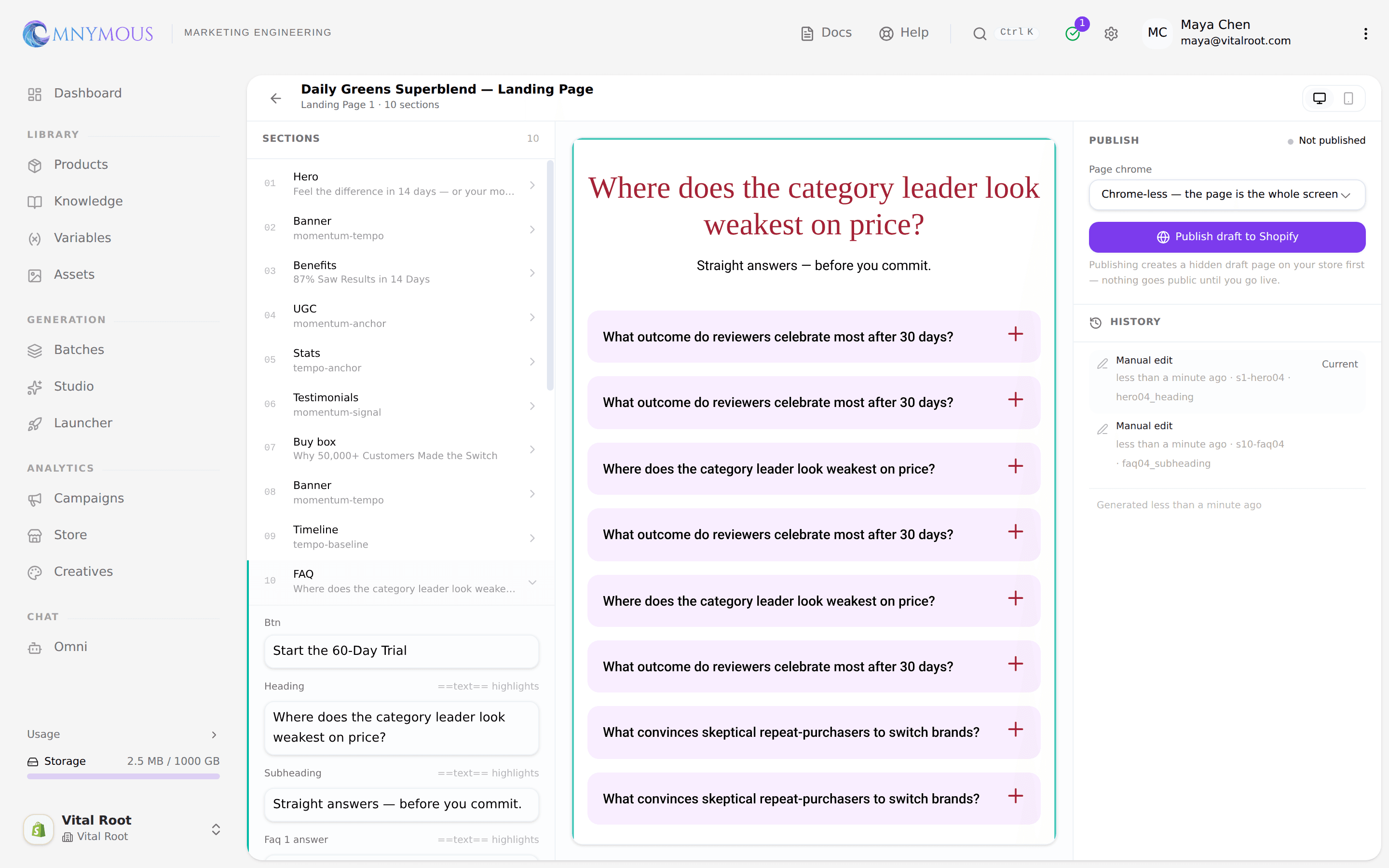 The page editor: the section rail on the left, the live preview in the middle, and the publish panel on the right