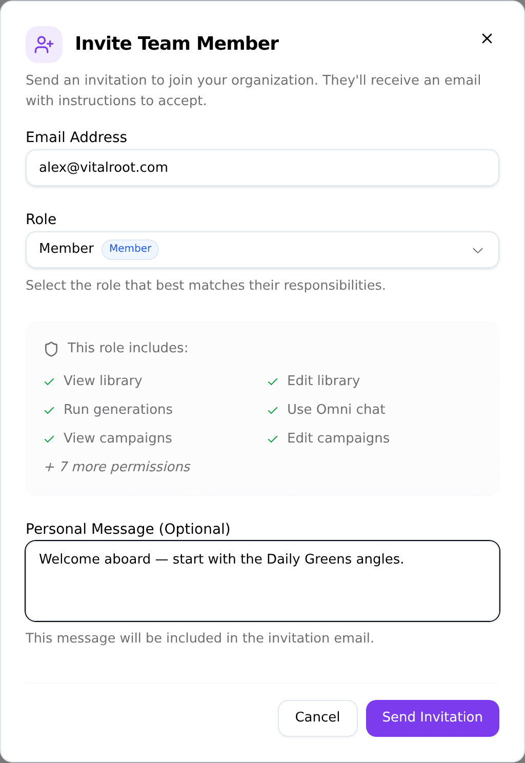 The Invite Team Member dialog: Alex's email, the Member role, a personal message, and the permission preview