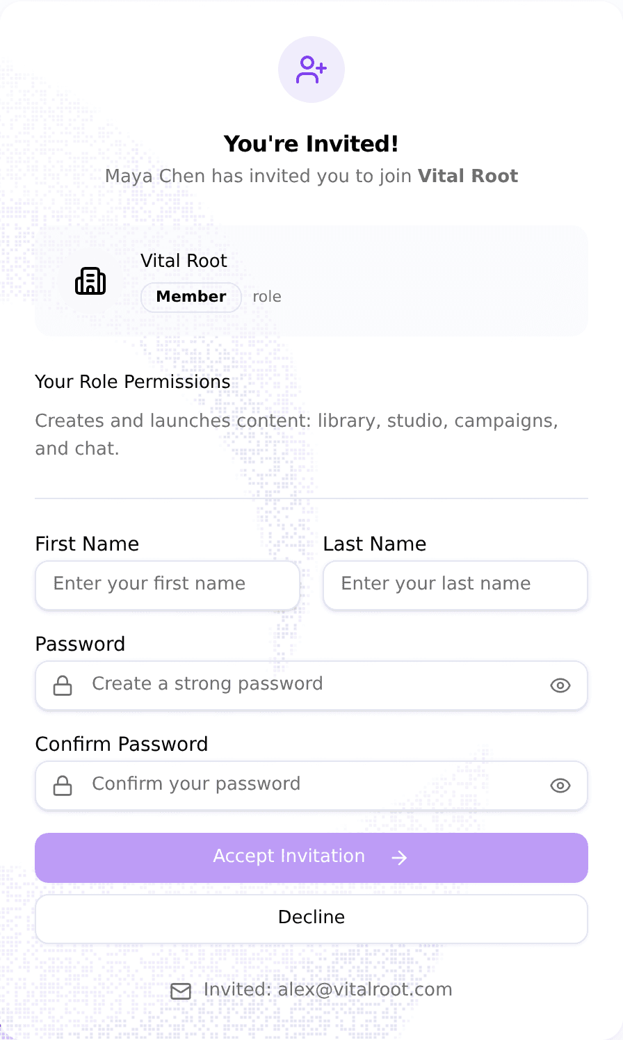 The You're Invited page showing the Vital Root workspace, the Member badge, and a set-a-password form
