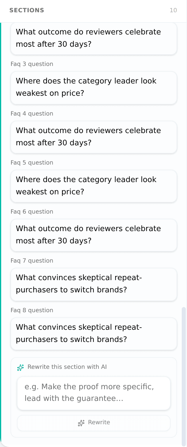 The FAQ section expanded, showing its editable text slots and the AI rewrite box