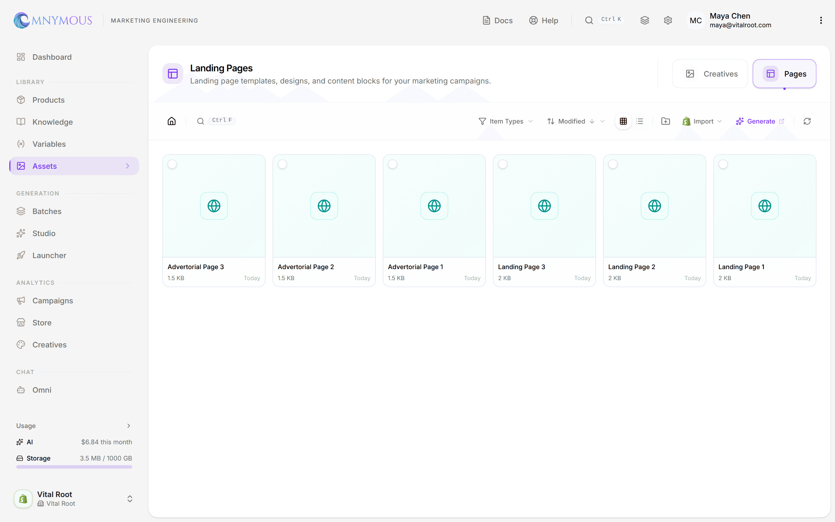 The Landing Pages view with finished landing and advertorial pages