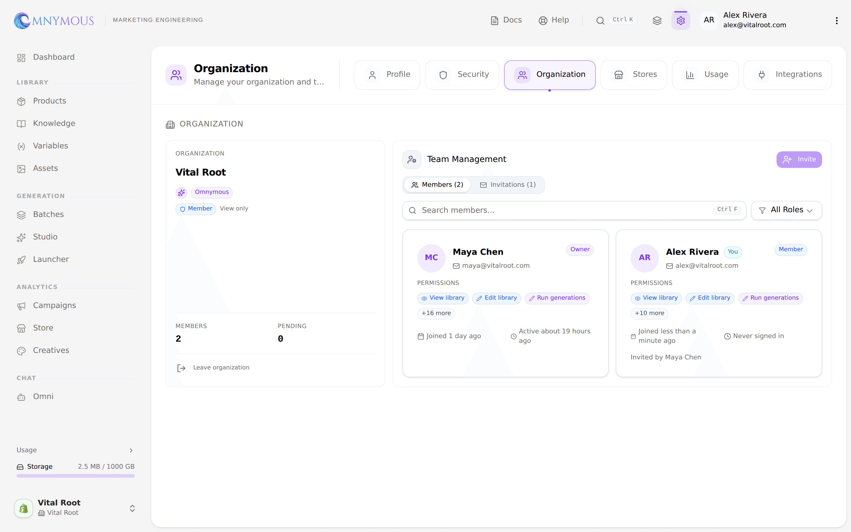 Alex's Organization tab as a Member: View only, a disabled Invite button, and no Billing or Agents tabs