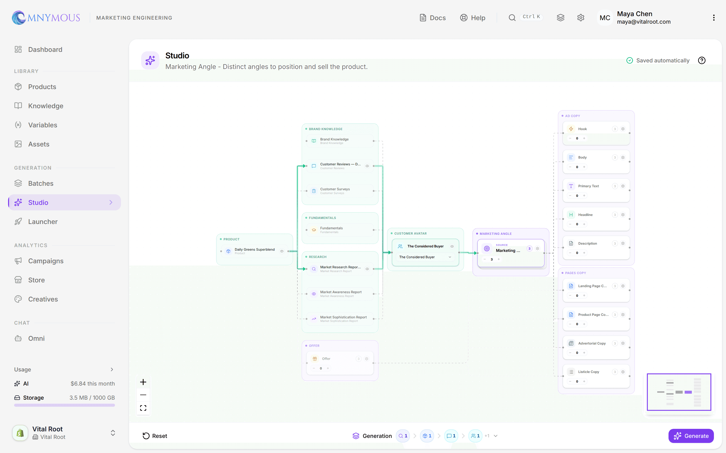 The Studio Marketing Angle canvas with The Considered Buyer attached; Daily Greens Superblend and its research link in automatically, set to generate three angles