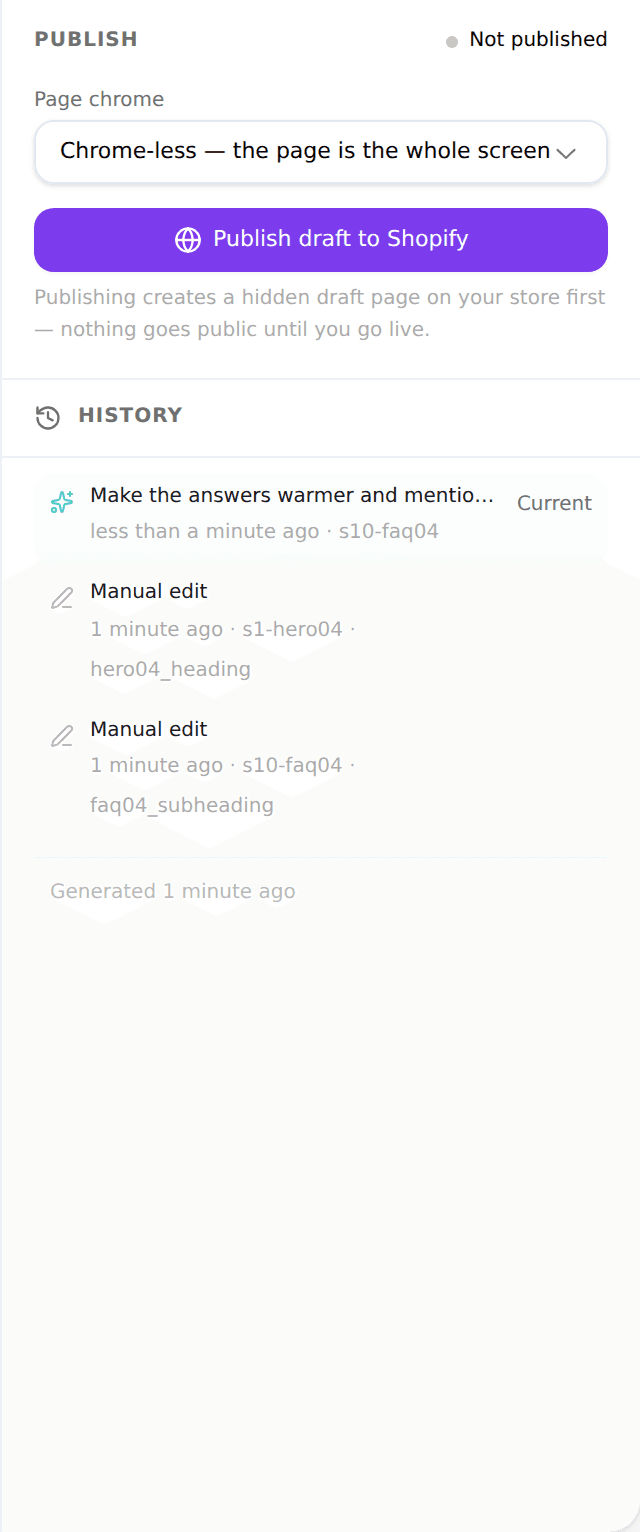 The publish panel above the history of edits, each one restorable