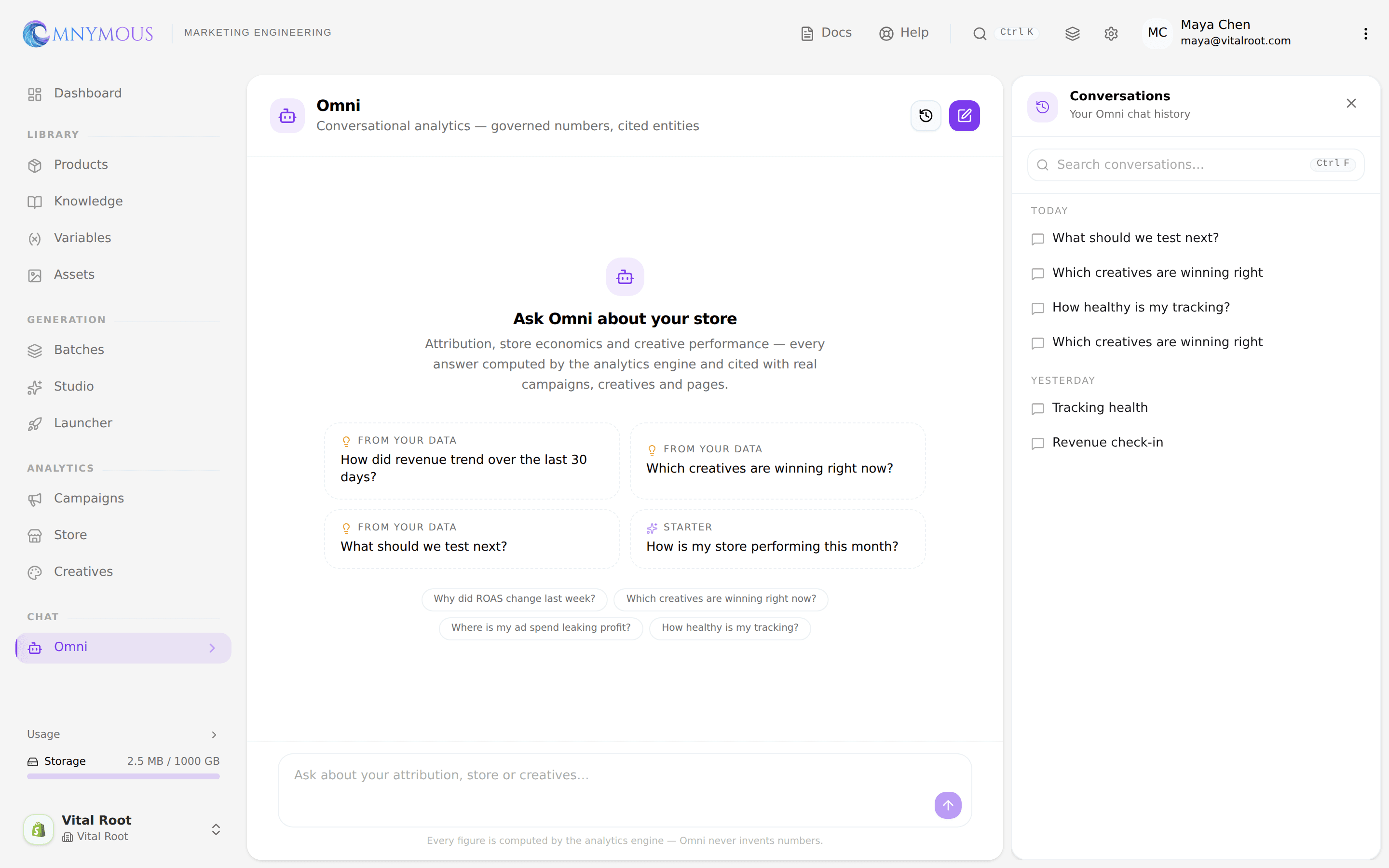 The Conversations history panel listing past Omni chats grouped by date