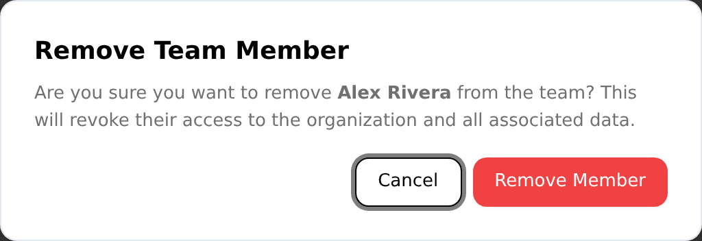 The Remove Team Member confirmation for Alex Rivera