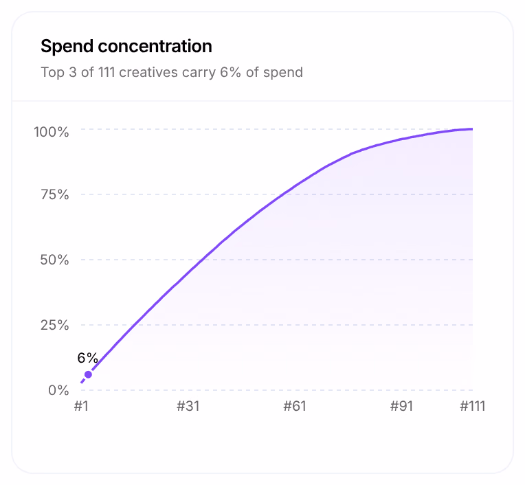 Spend concentration: the share of spend carried by the creatives ranked by spend, Top 3 of 111 creatives carry 6% of spend