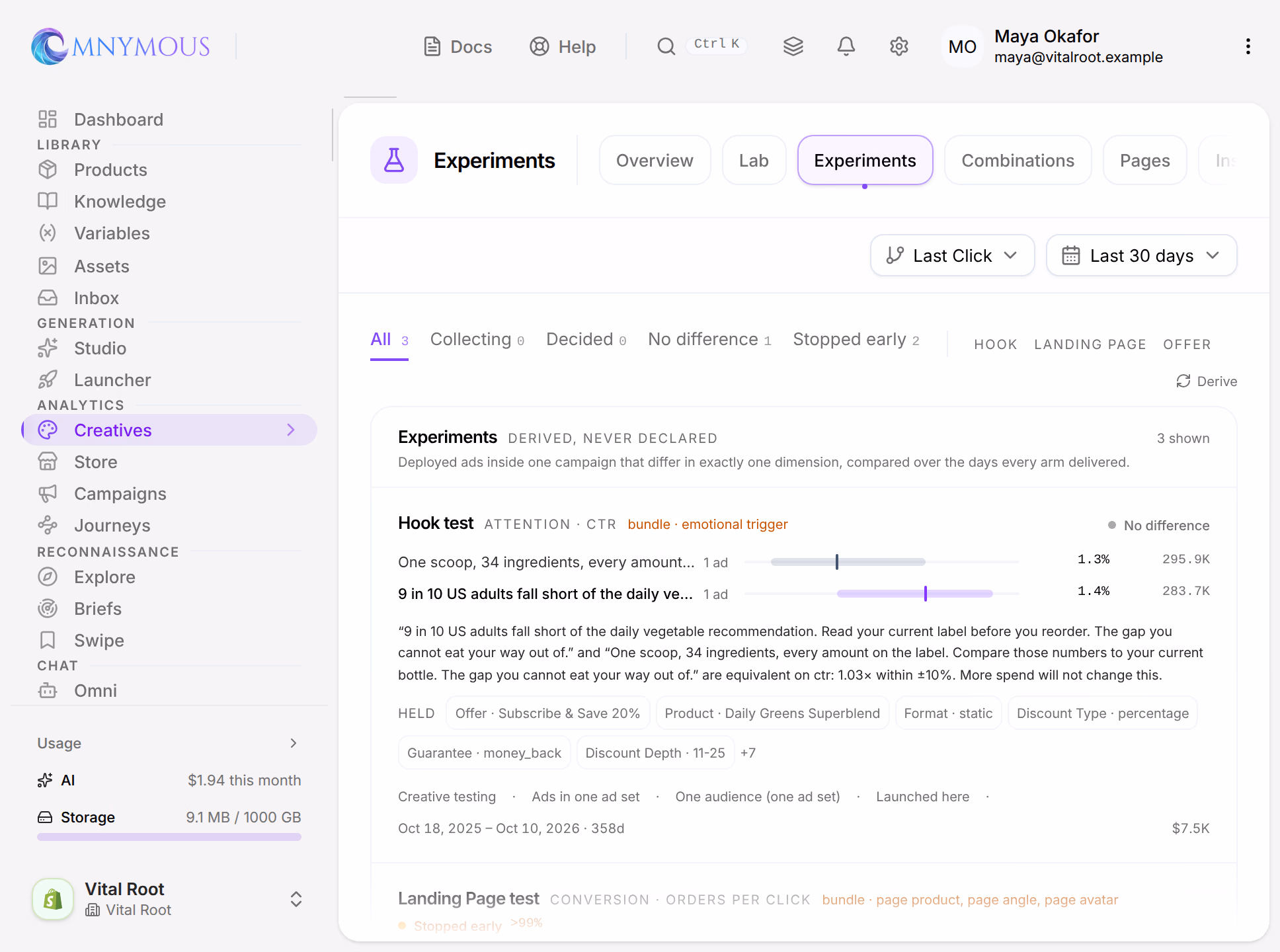 Experiments: the filters All 3, Collecting 0, Decided 0, No difference 1 and Stopped early 2, and the first experiments, a Hook test called No difference and a Landing Page test Stopped early