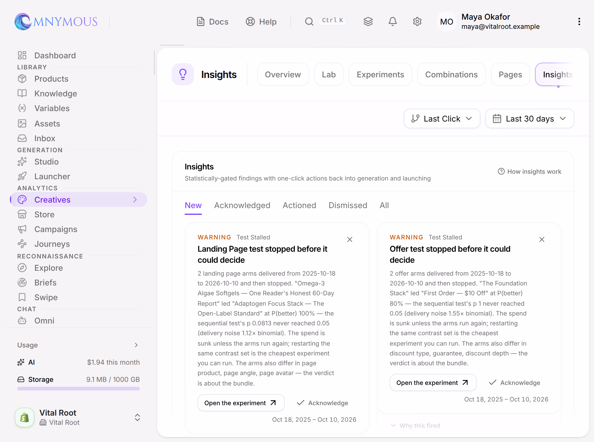 Analytics, Creatives, on Insights: the tabs New to All, and the first findings in two columns, two Test Stalled warnings about a landing page test and an offer test