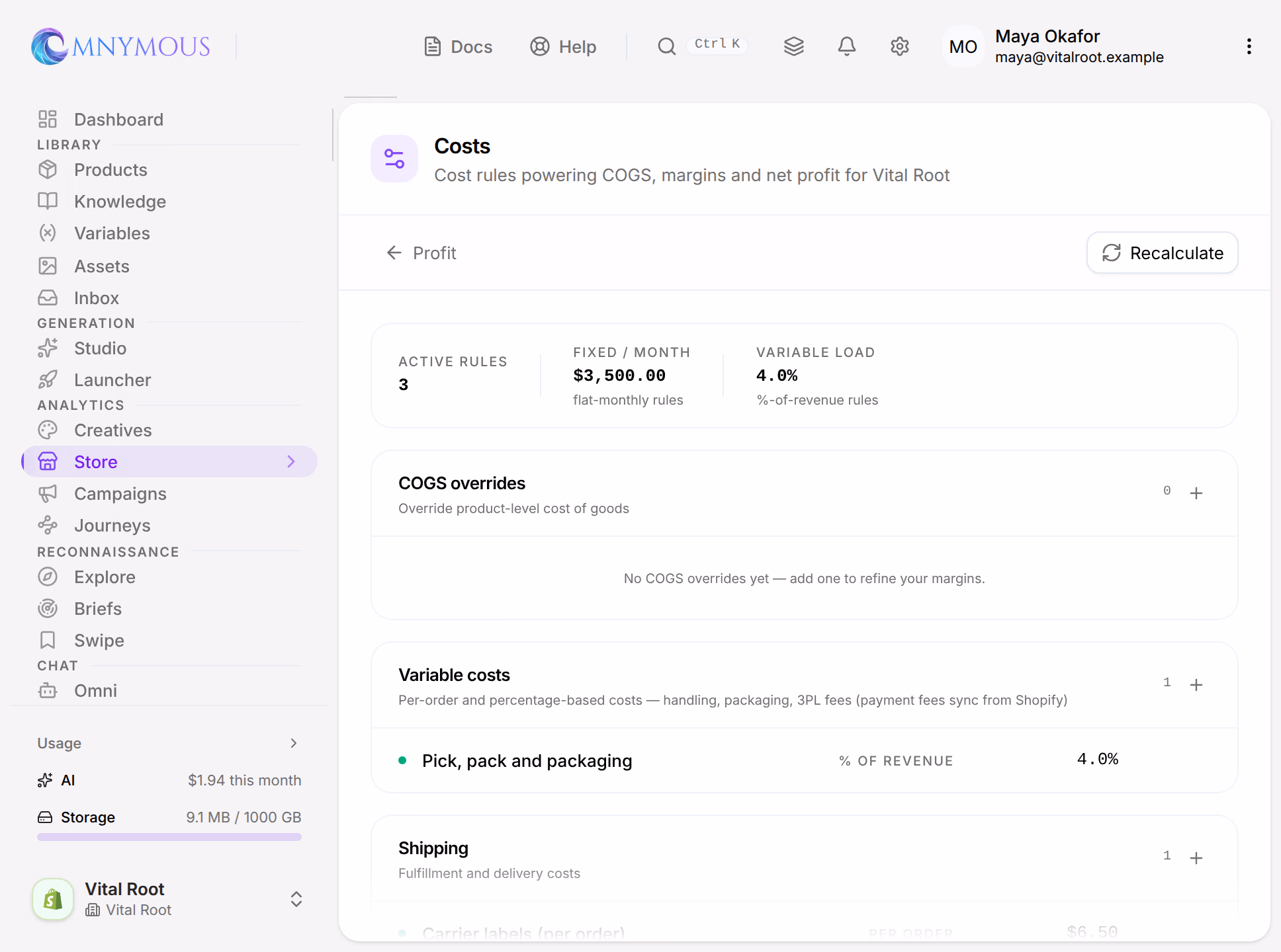 Analytics, Store, Costs: Active Rules 3, Fixed / Month $3,500.00 and Variable Load 4.0%, then the COGS overrides, Variable costs and Shipping cards, each with its plus button