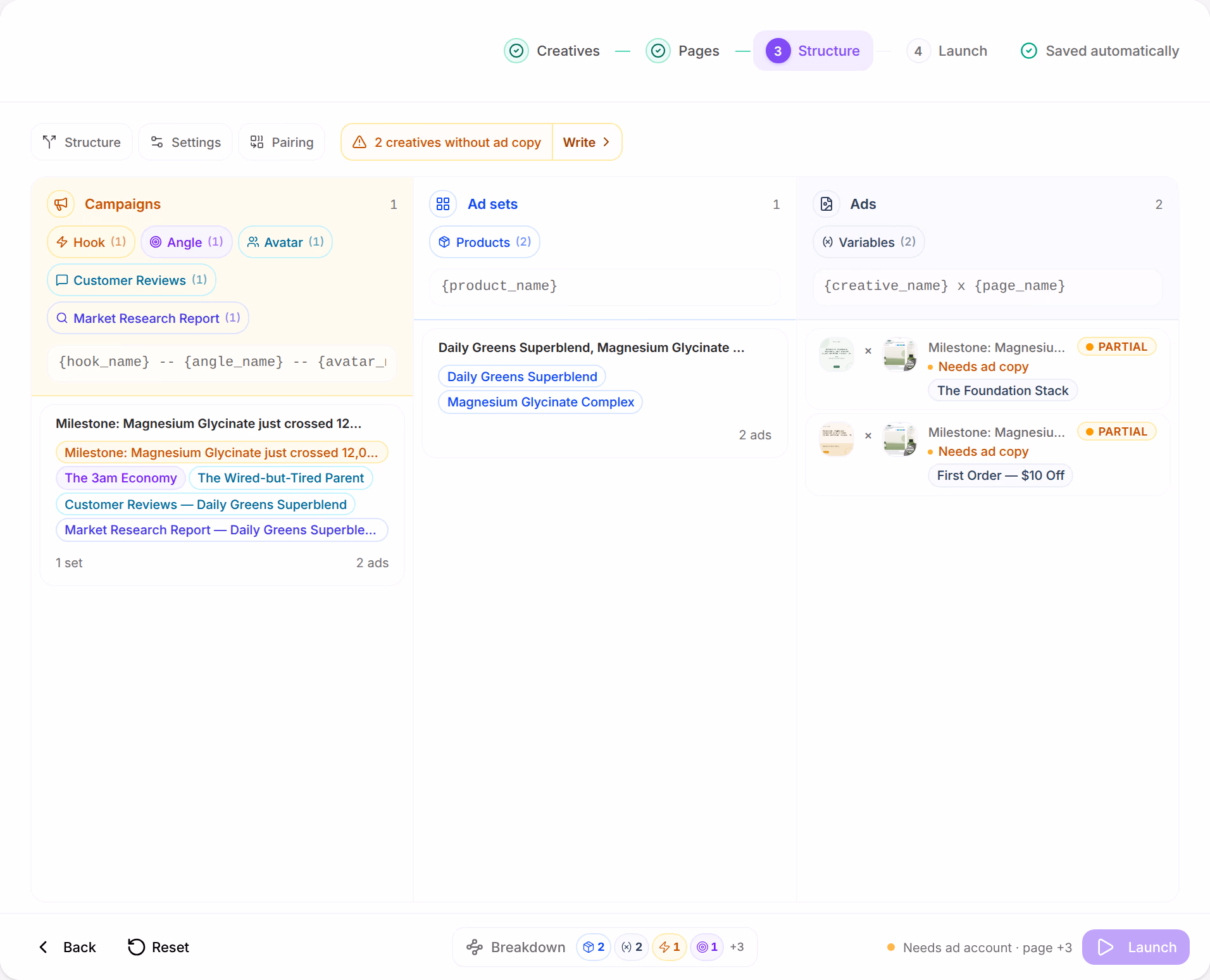 The Launcher on its third step, Structure: Campaigns, Ad sets and Ads side by side, one campaign split by hook, angle and avatar, one ad set by product, and two ads, each a creative paired with the advertorial Why Magnesium Glycinate Complex Works When Melatonin Didn't