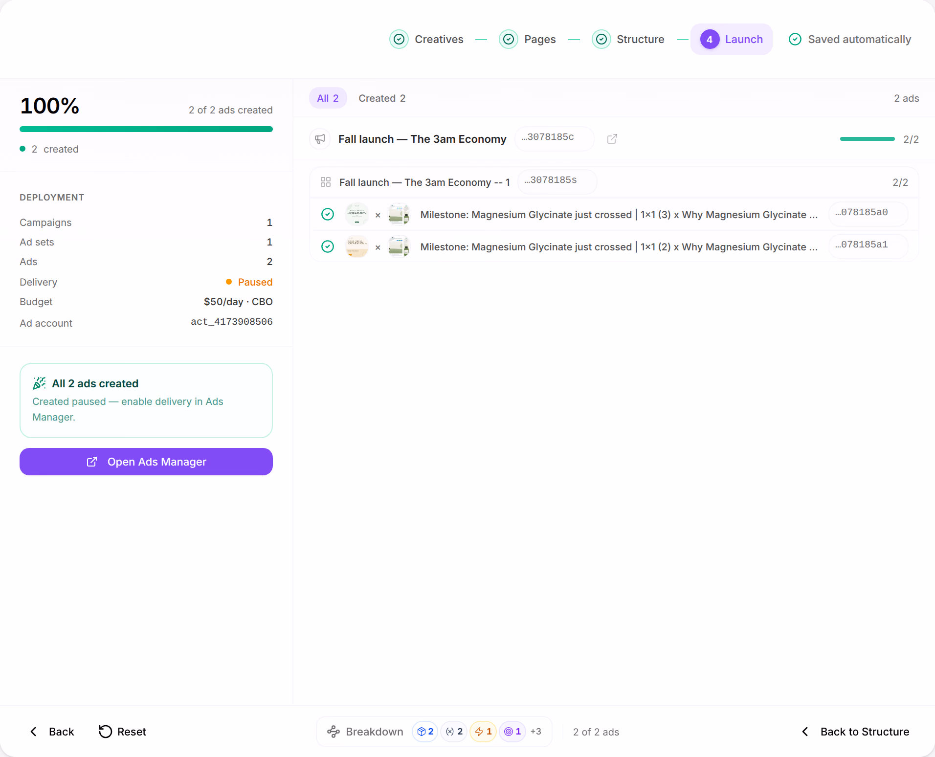 The Launch step after a launch: 100%, 2 of 2 ads created, the deployment's campaigns, ad sets, ads, delivery Paused, budget $50/day · CBO and ad account, All 2 ads created with Open Ads Manager, and the campaign Fall launch — The 3am Economy with its ad set and two ads, each Created