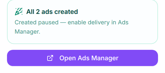 All 2 ads created: Created paused — enable delivery in Ads Manager, above Open Ads Manager