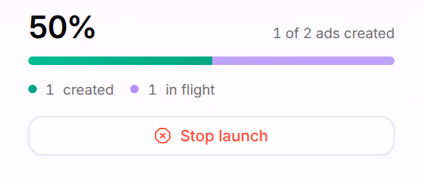 A launch under way: 50%, 1 of 2 ads created, 1 created and 1 in flight, and Stop launch