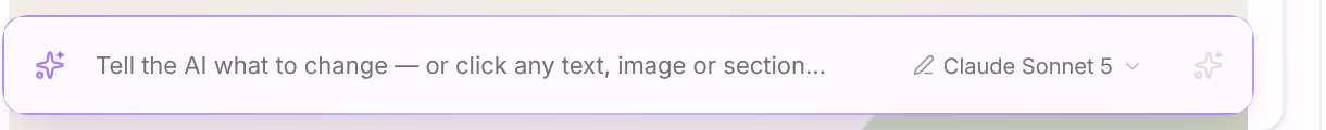 The AI bar at the foot of the page: Tell the AI what to change — or click any text, image or section…, the model Claude Sonnet 5, and the send button