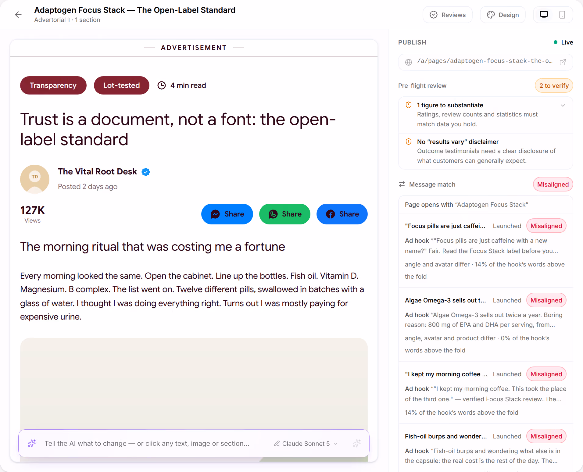 Page Studio on the advertorial Adaptogen Focus Stack — The Open-Label Standard: the page in the middle, the AI bar at its foot, Reviews and Design at the top right, and the Publish rail with Pre-flight review and Message match