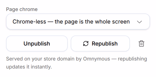 The foot of the Publish rail of a live page: Page chrome, Chrome-less — the page is the whole screen, then Unpublish, Republish and the bin, and Served on your store domain by Omnymous — republishing updates it instantly.