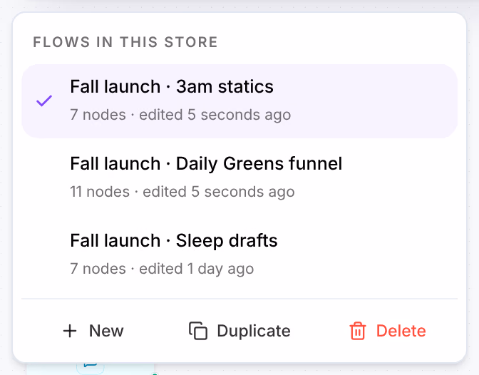 The flows menu: Flows in this store, with New, Duplicate and Delete at its foot