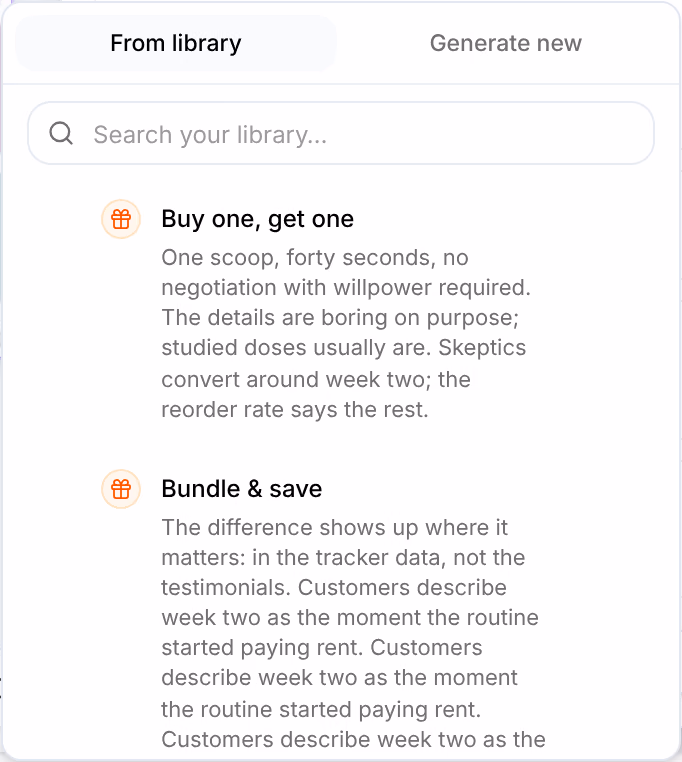 Add on an input of the Images card: From library and Generate new above a search of the Library and the items that fit it