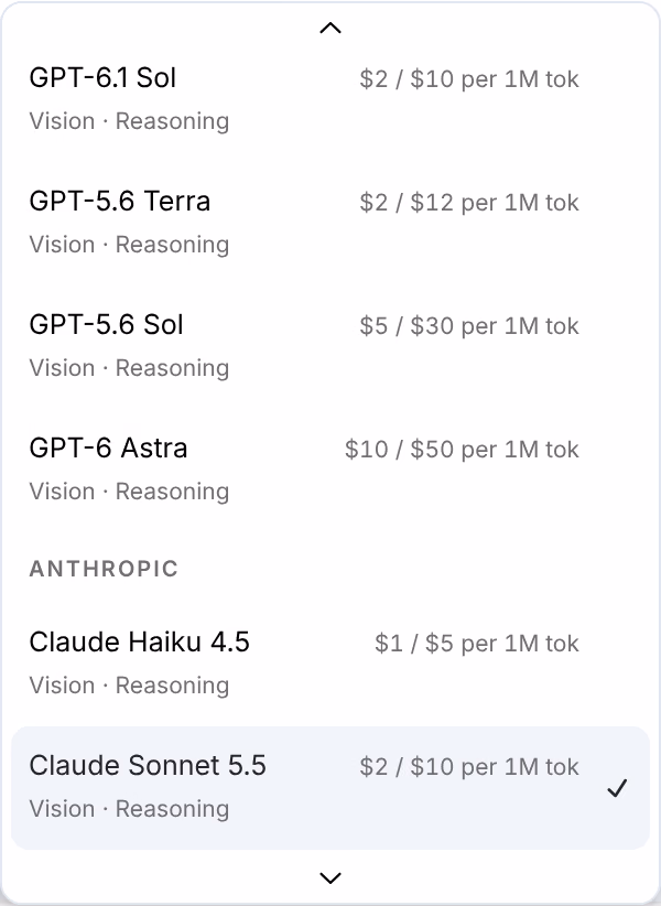 The Model picker of a Hooks card, opened on its pick: OpenAI's GPT-6.1 Sol, GPT-5.6 Terra, GPT-5.6 Sol and GPT-6 Astra, then Anthropic's Claude Haiku 4.5 and Claude Sonnet 5.5, ticked, each with its price per million tokens and Vision · Reasoning