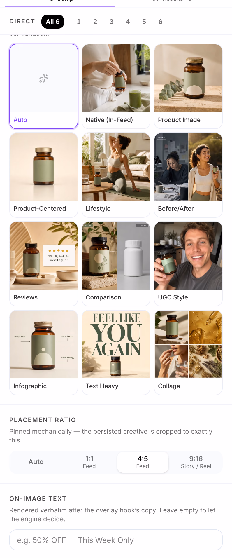The Images card's settings: Format, with Auto, Native (In-Feed), Product Image, Product-Centered, Lifestyle, Before/After, Reviews, Comparison, UGC Style, Infographic, Text Heavy and Collage; Placement ratio, with 4:5 Feed chosen; and On-image text