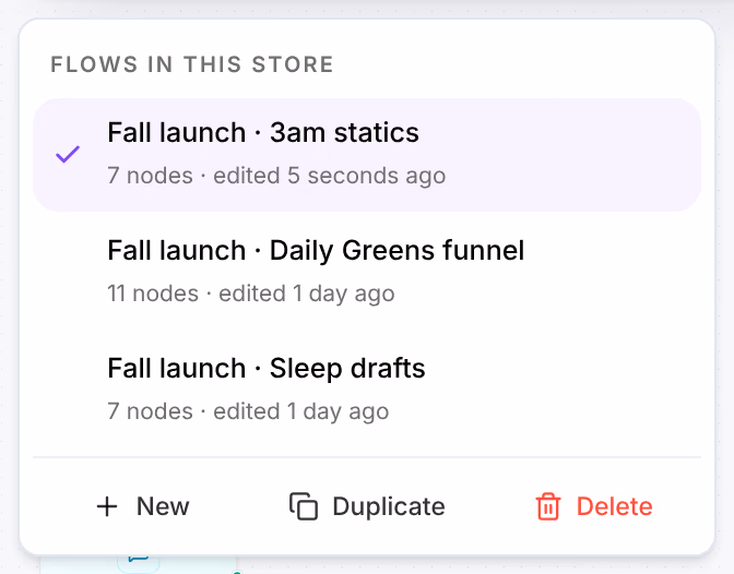 The flows menu open under the board's name: Flows in this store, the three boards with how many nodes each has and when it was edited, and New, Duplicate and Delete