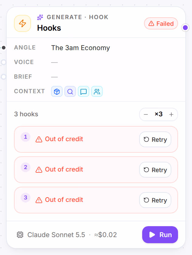 Three hooks that failed, each marked Out of credit with Retry