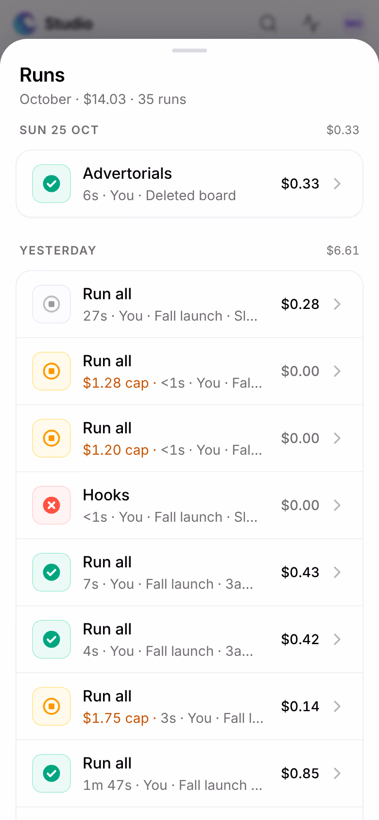 Runs on a phone: the month's totals, the list of runs by day, each with its status, name, board, cost and start time