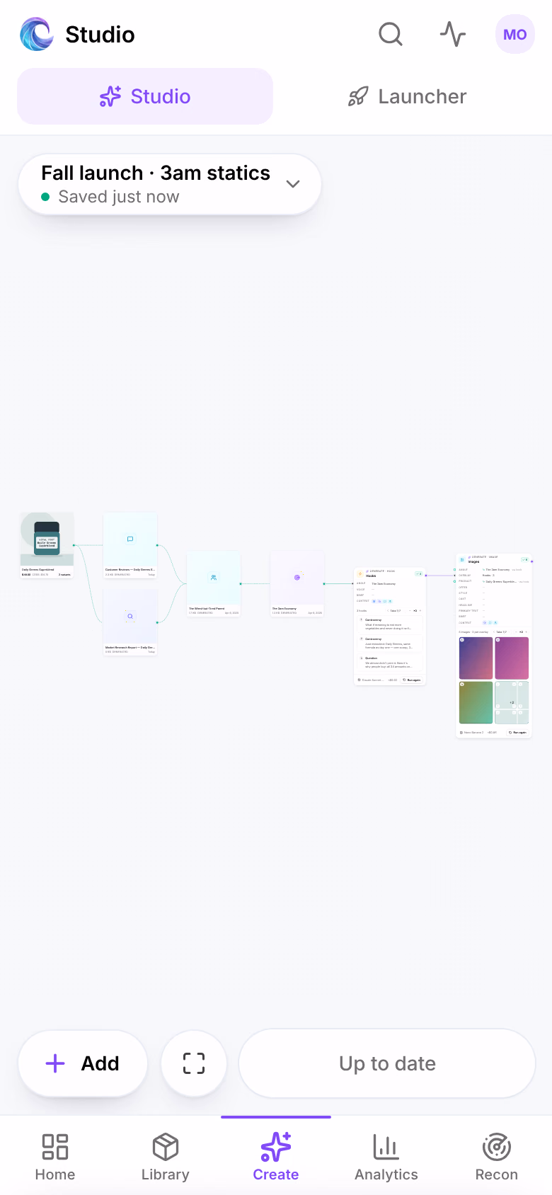 Studio on a phone: the board Fall launch · 3am statics named at the top with Saved just now, its cards in the middle, and Add, fit and Up to date along the bottom