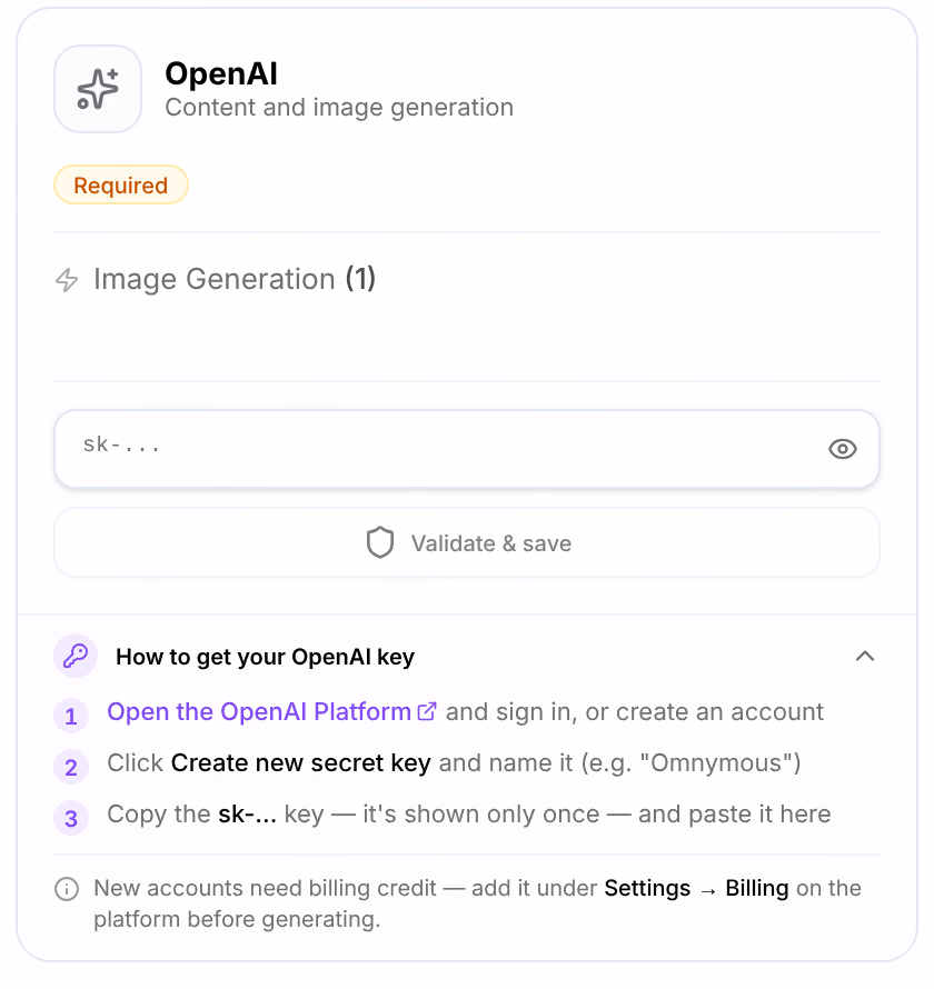 The OpenAI card: Required, the key field, Validate & save, and How to get your OpenAI key open with its three steps
