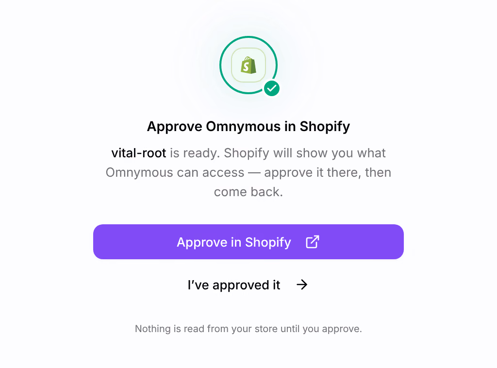 Approve Omnymous in Shopify, with the Approve in Shopify button and, under it, I’ve approved it