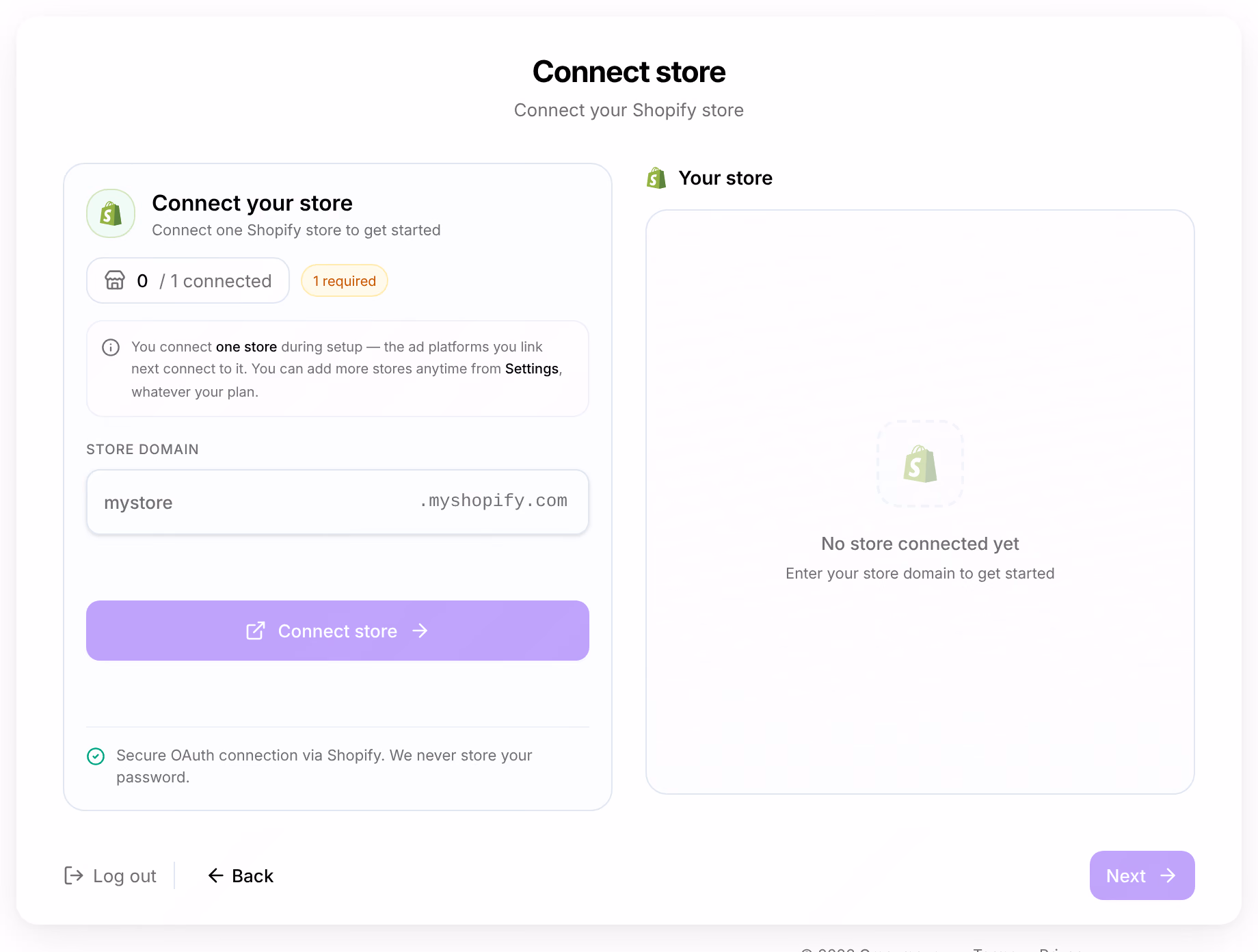 The Connect store step of setup: an empty Store domain field on the left, and on the right Your store, with no store connected yet