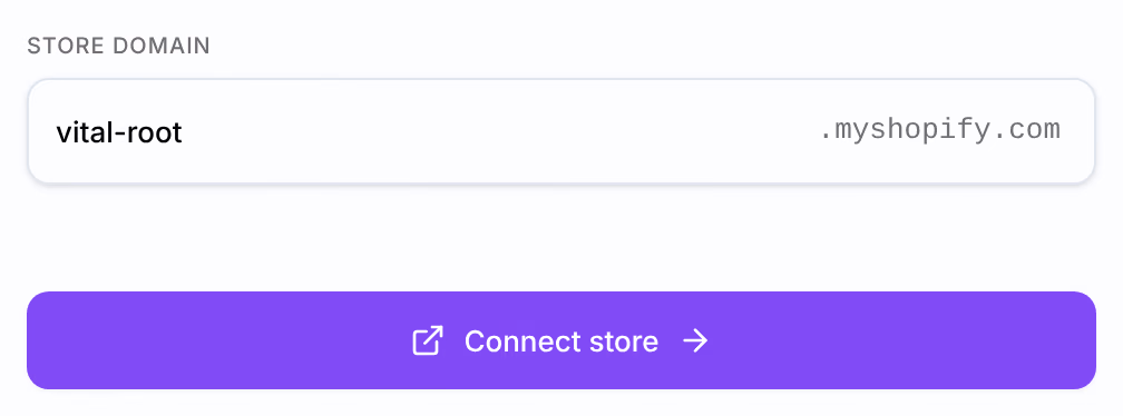 The Store domain field with vital-root typed in it, the .myshopify.com ending beside it and the Connect store button below