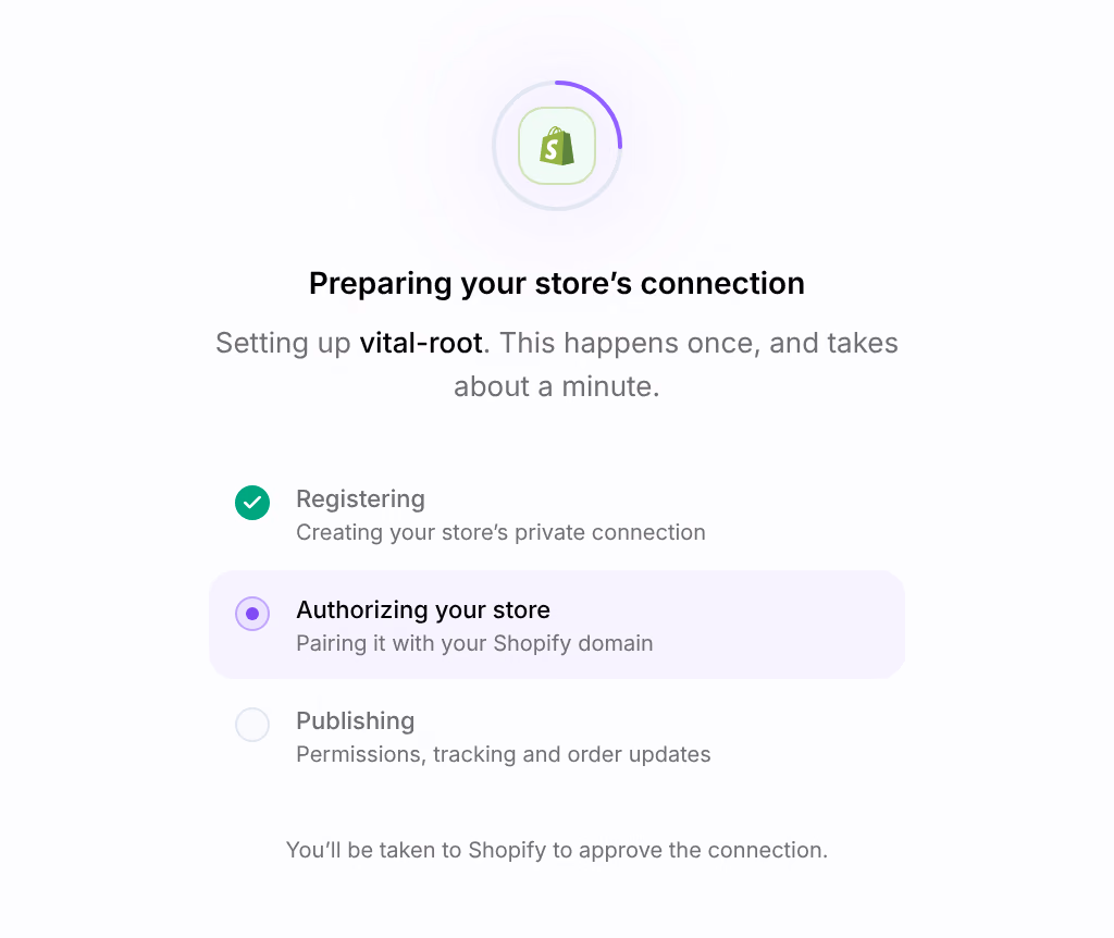 Preparing your store’s connection, with Registering done, Authorizing your store in progress and Publishing still to come