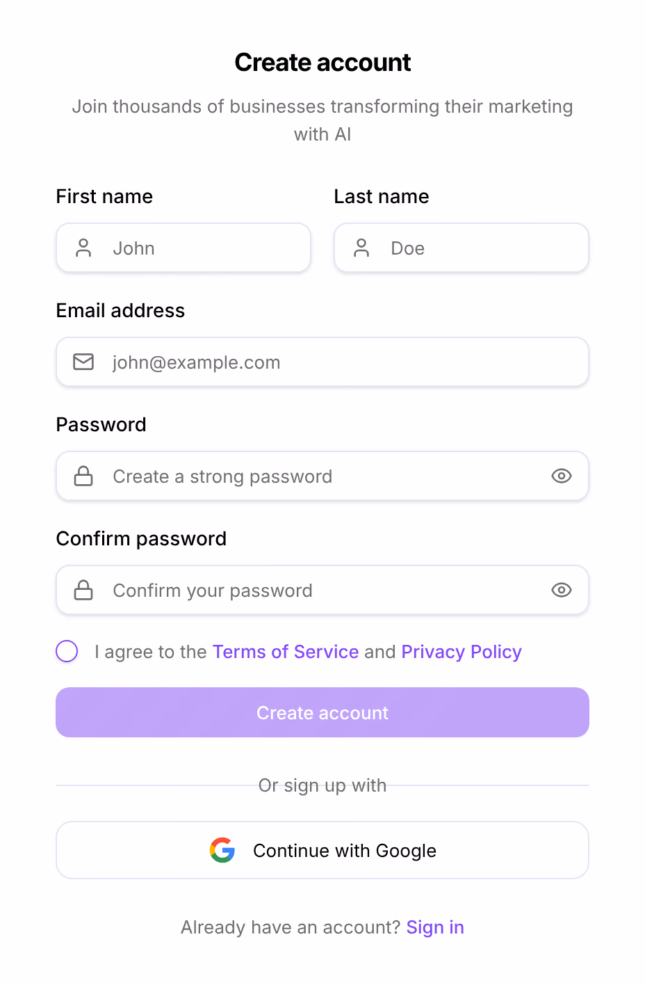 The Create account card: First name, Last name, Email address, Password and Confirm password, the terms checkbox, the Create account button and Continue with Google