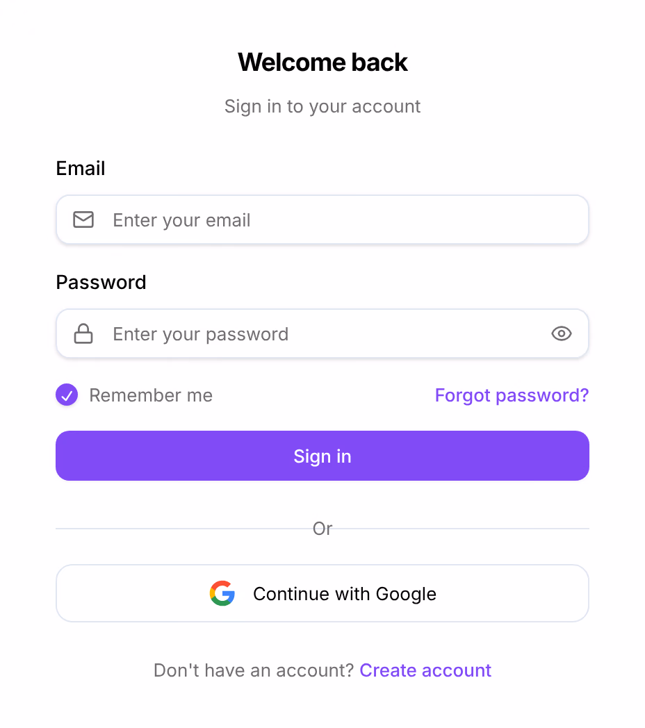 The sign-in card with email and password fields, Remember me, Forgot password, the Sign in button and Continue with Google