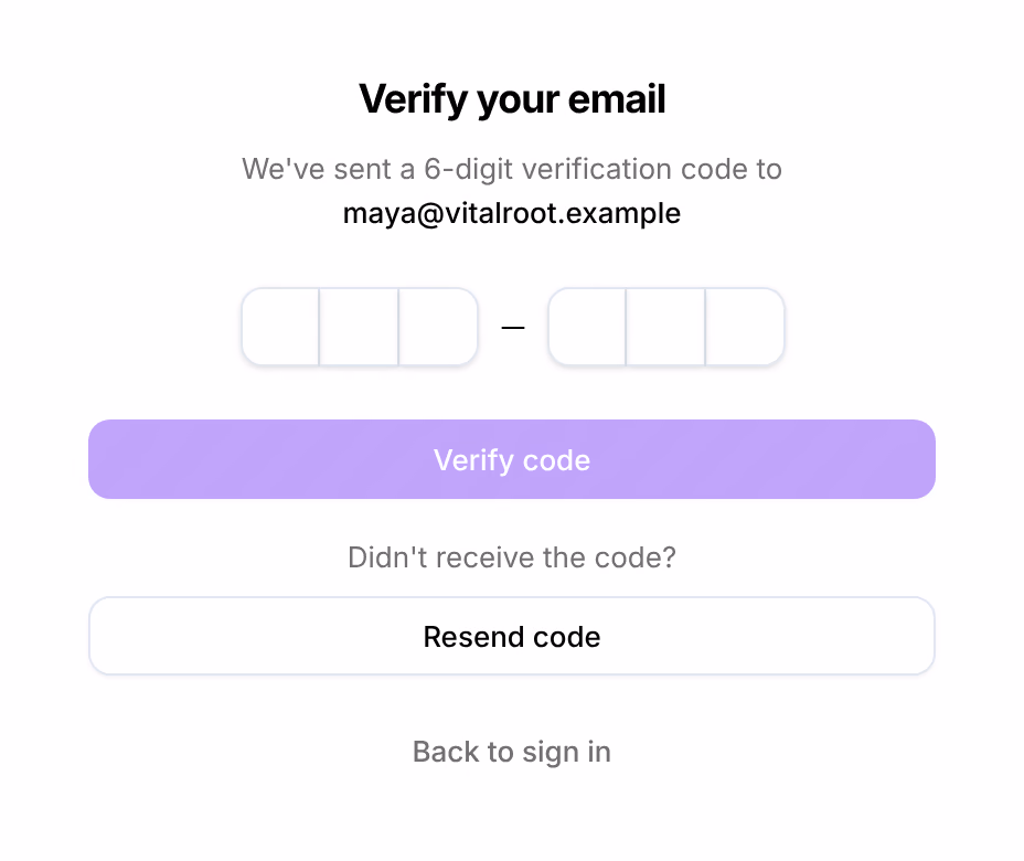 The Verify your email card with six boxes for the code, the Verify code button and Resend code