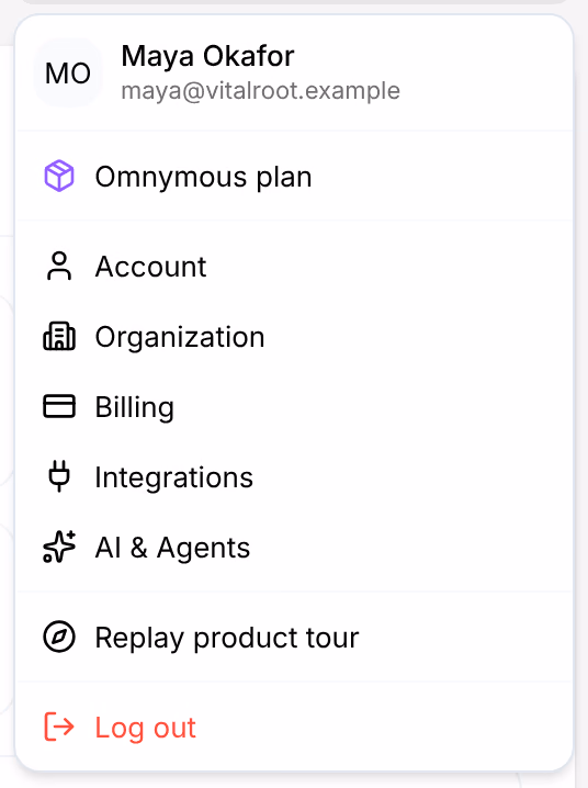 The account menu: your name and email, Omnymous plan, Account, Organization, Billing, Integrations, AI & Agents, Replay product tour and Log out
