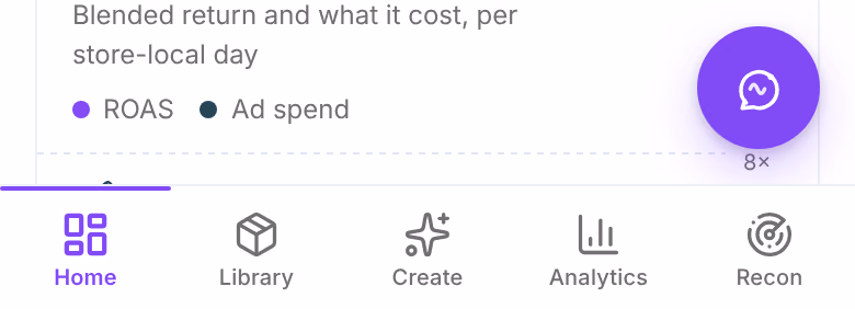 The bottom of the phone screen: five tabs, Home, Library, Create, Analytics and Recon, and the round Ask Omni button above them