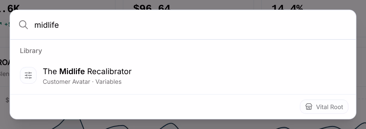 Search with midlife typed in it, and one match under Library: the avatar The Midlife Recalibrator