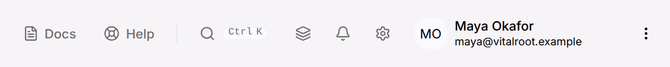 The right-hand half of the top bar: Docs, Help, search with its Ctrl K key, three icons, and your name